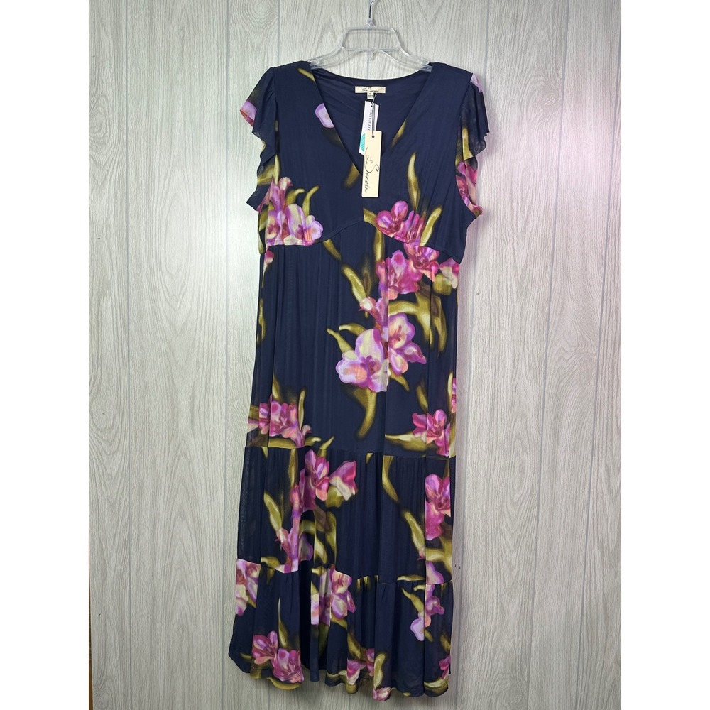 Les Serein Janice Mesh Dress Navy Floral Orchid Tiered Midi XL NWT Stitch‎ Fix